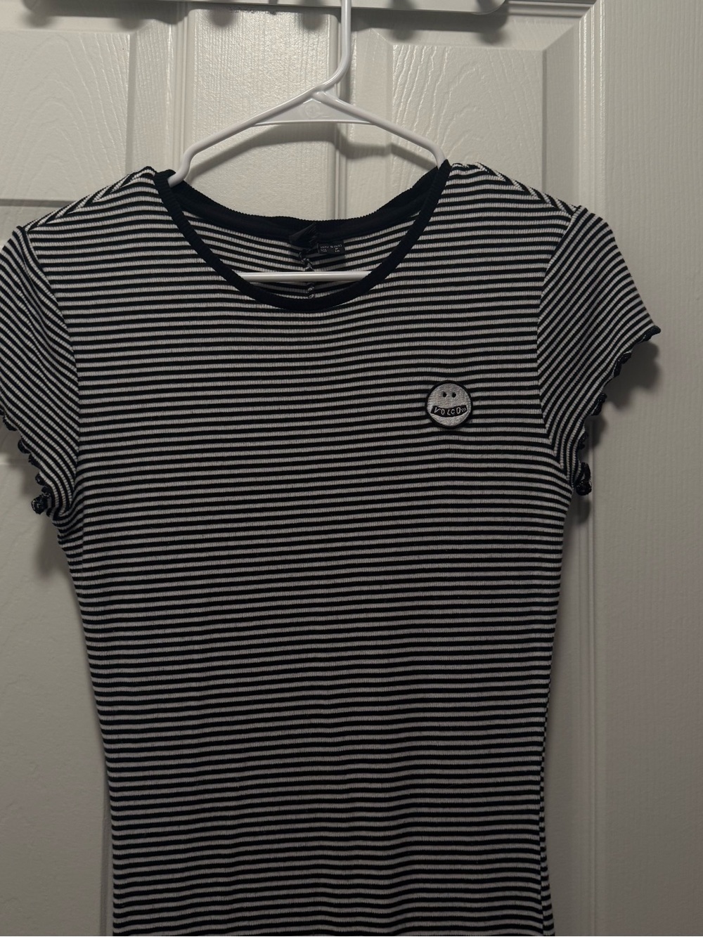 Volcom Black and White Striped Crewneck Tee with Smiley Patch